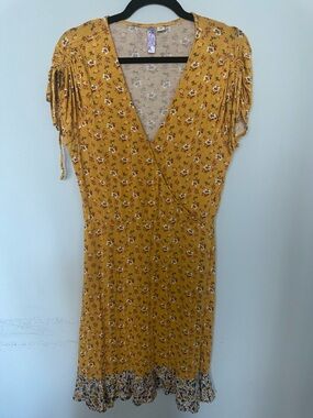 Alya Mustard Floral Midi Wrap Dress